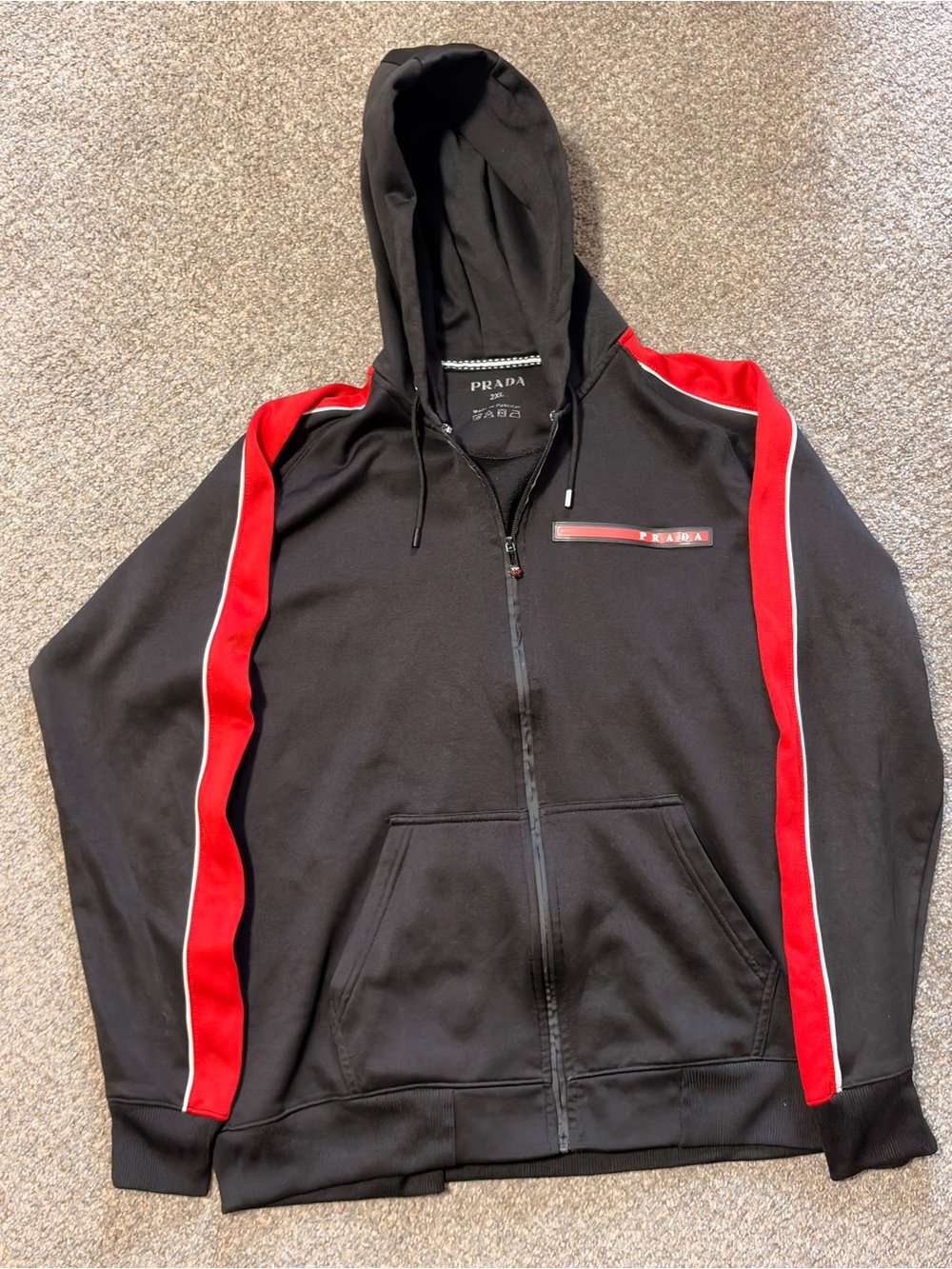 PRADA
Black Hoodie with Red Racing Stripes